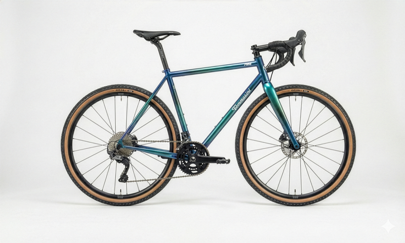 Tommasini Fire Argentario Special Edition gravel bike in blue-to-green iridescent finish, studio shot